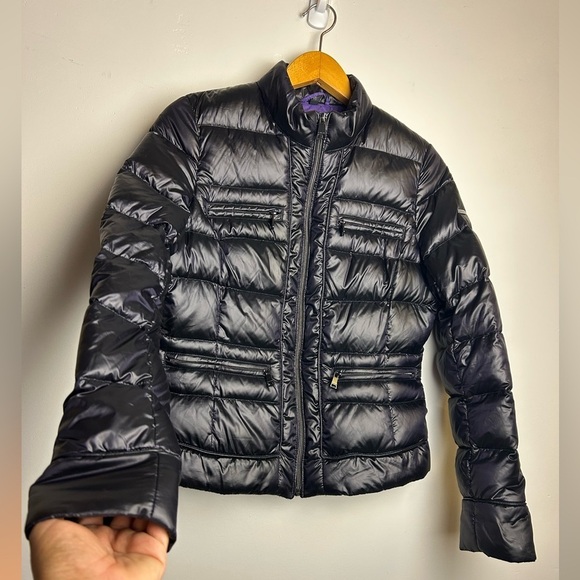 Y2K Bebe Down Puffer Bomber Jacket Women's Sp Black Shiny Purple inside pocket - Picture 6 of 16